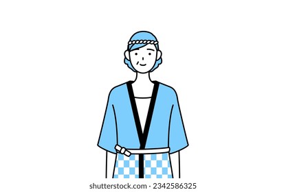 Senior woman wearing Happi coat for summer festivals with a smile facing forward, Vector Illustration
