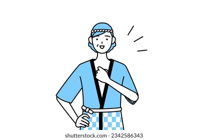 Senior woman wearing Happi coat for summer festivals tapping her chest, Vector Illustration