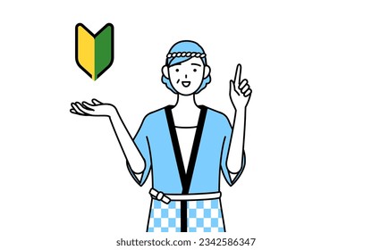 Senior woman wearing Happi coat for summer festivals showing the symbol for young leaves, Vector Illustration