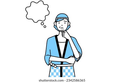 Senior woman wearing Happi coat for summer festivals thinking while scratching her face, Vector Illustration