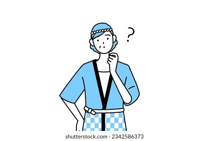 Senior woman wearing Happi coat for summer festivals nodding her head in question, Vector Illustration