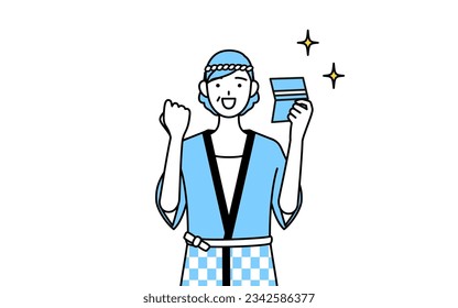 Senior woman wearing Happi coat for summer festivals who is pleased to see a bankbook, Vector Illustration