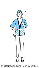 Senior woman wearing Happi coat for summer festivals nodding her head in question, Vector Illustration