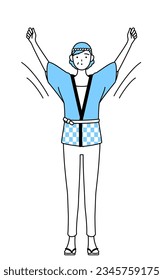 Senior woman wearing Happi coat for summer festivals doing radio calisthenics, preparation for accident prevention, Vector Illustration