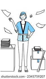 Senior woman wearing Happi coat for summer festivals who is fed up with her unorganized business, Vector Illustration