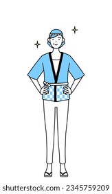 Senior woman wearing Happi coat for summer festivals with her hands on her hips, Vector Illustration