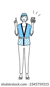 Senior woman wearing Happi coat for summer festivals holding a calculator and pointing, Vector Illustration
