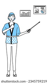 Senior woman wearing Happi coat for summer festivals analyzing a performance graph, Vector Illustration
