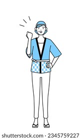 Senior woman wearing Happi coat for summer festivals posing with guts, Vector Illustration