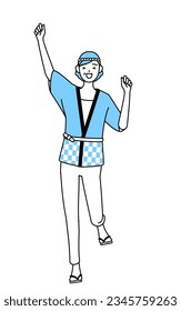 Senior woman wearing Happi coat for summer festivals smiling and jumping, Vector Illustration