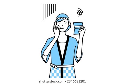 Senior woman wearing Happi coat for summer festivals looking at her bankbook and feeling depressed, Vector Illustration