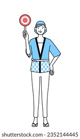 Senior woman wearing Happi coat for summer festivals holding a maru placard that shows the correct answer, Vector Illustration