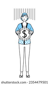Senior woman wearing Happi coat for summer festivals an image of exchange loss or dollar depreciation, Vector Illustration