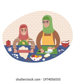 Senior woman wearing hijab and her grandchild preparing food together. Teaching child to cook. Grandmother and granddaughter time. Flat style illustration.