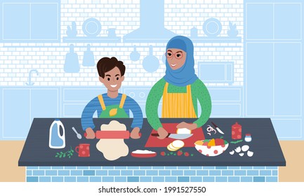 Senior woman wearing a hijab and her grandchild preparing food together. Teaching child to cook. Grandmother and grandson family time in the kitchen. Flat style vector illustration.