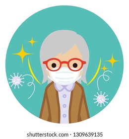 Senior woman wearing a mask for prevent flu virus - front view, Circular icon