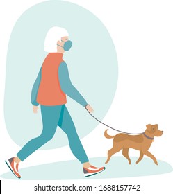 Senior woman wearing protective medical mask walking with her dog. Flat vector illustration for coronavirus COVID-19 outbreak