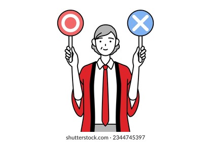 Senior woman wearing a red happi coat holding a placard indicating correct and incorrect answers, Vector Illustration