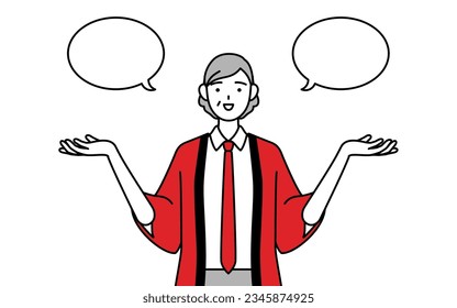 Senior woman wearing a red happi coat with wipeout and comparison, Vector Illustration