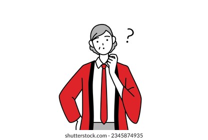 Senior woman wearing a red happi coat nodding her head in question, Vector Illustration