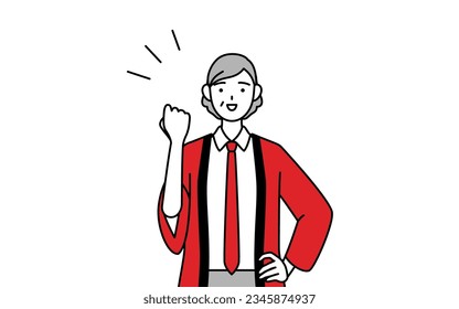 Senior woman wearing a red happi coat posing with guts, Vector Illustration