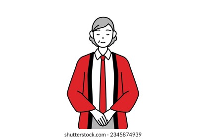 Senior woman wearing a red happi coat bowing with folded hands, Vector Illustration