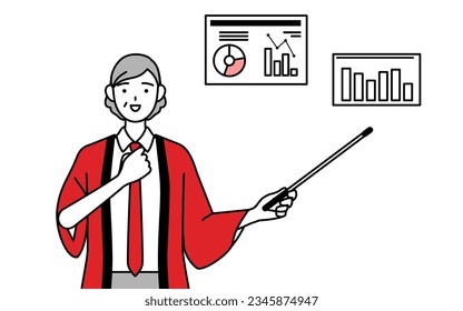 Senior woman wearing a red happi coat analyzing a performance graph, Vector Illustration