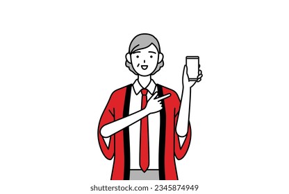 Senior woman wearing a red happi coat recommending cashless online payments on a smartphone, Vector Illustration
