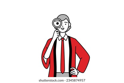 Senior woman wearing a red happi coat looking through magnifying glasses, Vector Illustration