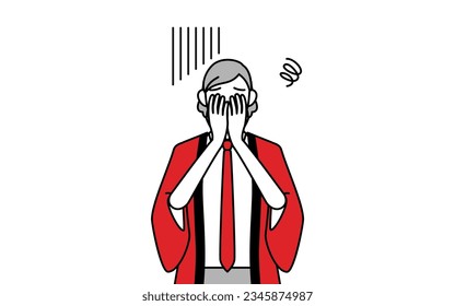 Senior woman wearing a red happi coat covering her face in depression, Vector Illustration