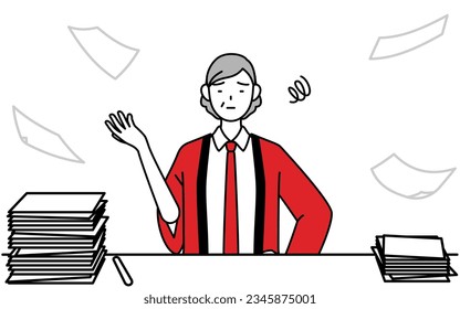 Senior woman wearing a red happi coat who is fed up with her unorganized business, Vector Illustration