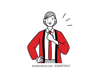Senior woman wearing a red happi coat tapping her chest, Vector Illustration