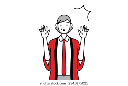 Senior woman wearing a red happi coat raising her hand in surprise, Vector Illustration