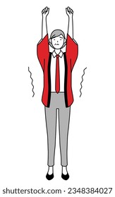 Senior woman wearing a red happi coat stretching and standing tall, Vector Illustration