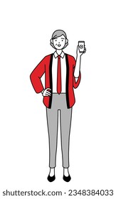 Senior woman wearing a red happi coat using a smartphone at work, Vector Illustration