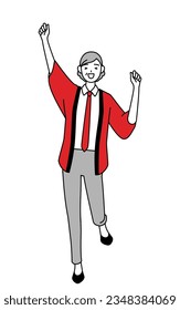 Senior woman wearing a red happi coat smiling and jumping, Vector Illustration