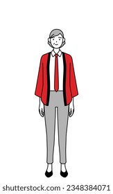 Senior woman wearing a red happi coat with a smile facing forward, Vector Illustration