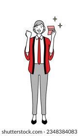 Senior woman wearing a red happi coat who is pleased to see a bankbook, Vector Illustration