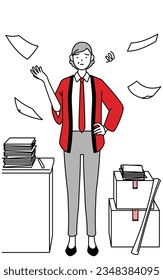 Senior woman wearing a red happi coat who is fed up with her unorganized business, Vector Illustration