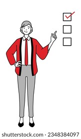 Senior woman wearing a red happi coat pointing to a checklist, Vector Illustration