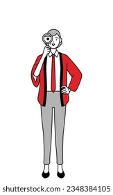 Senior woman wearing a red happi coat looking through magnifying glasses, Vector Illustration