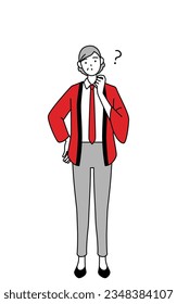 Senior woman wearing a red happi coat nodding her head in question, Vector Illustration