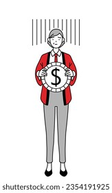 Senior woman wearing a red happi coat an image of exchange loss or dollar depreciation, Vector Illustration