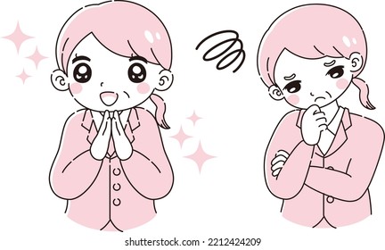A senior woman wearing a suit with an expression of excitement and an expression of embarrassment Illustration set