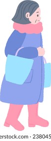 Senior woman wearing winter clothes and carrying shopping bags, cute hand drawn illustration with texture