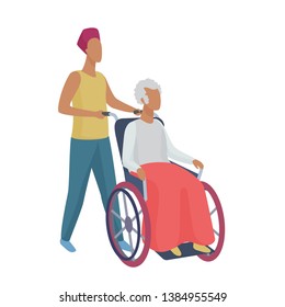 Senior woman in wheelchair with careful young man volunteer abstract style vector illustration.