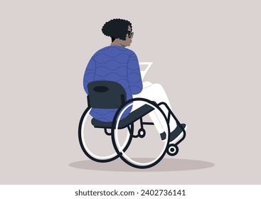 A senior woman in a wheelchair, seen from behind, reading a daily newspaper