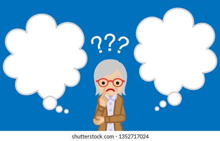 Senior woman who has doubt something with two blank thought bubbles