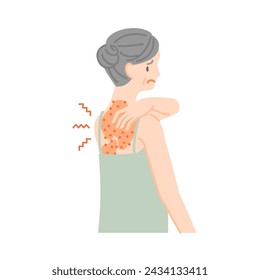 A senior woman whose back skin is rough, inflamed, and itchy