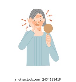 A senior woman whose facial skin is inflamed and itchy (hay fever dermatitis)